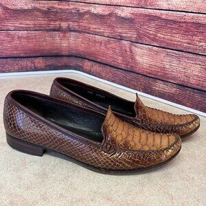 Escada Dark Brown & Bronze/Gold Faux Snake Print Loafers Moccasins Flats